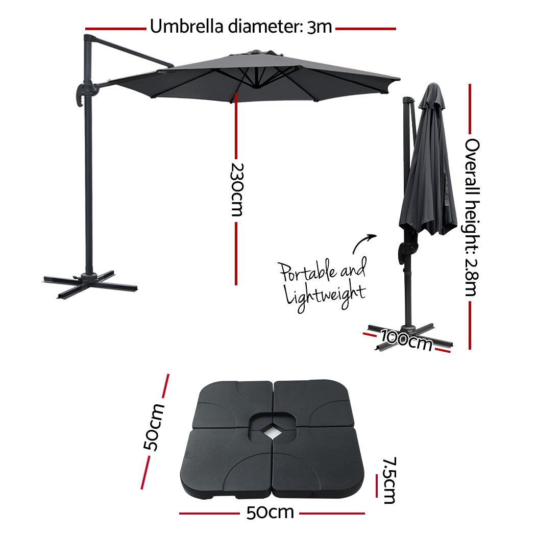 3m Outdoor Umbrella w/Base Cantilever Beach Roma 360 Degree Tilt Charcoal - Home & Garden > Shading > Umbrellas & Sunshades - Rivercity House & Home Co. (ABN 18 642 972 209) - Affordable Modern Furniture Australia