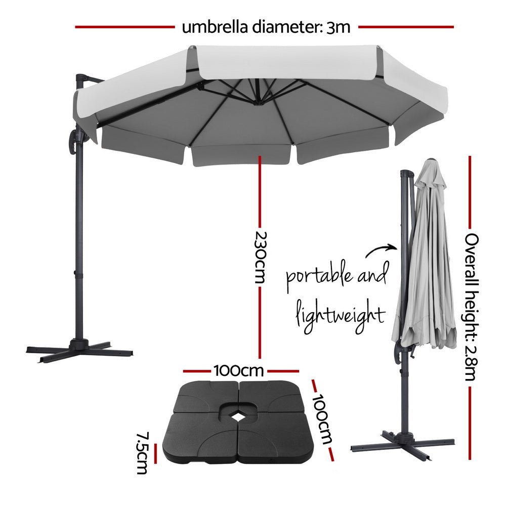 3m Outdoor Umbrella w/Base Cantilever Beach Roma 360 Degree Tilt Grey - Home & Garden > Shading > Umbrellas & Sunshades - Rivercity House & Home Co. (ABN 18 642 972 209) - Affordable Modern Furniture Australia