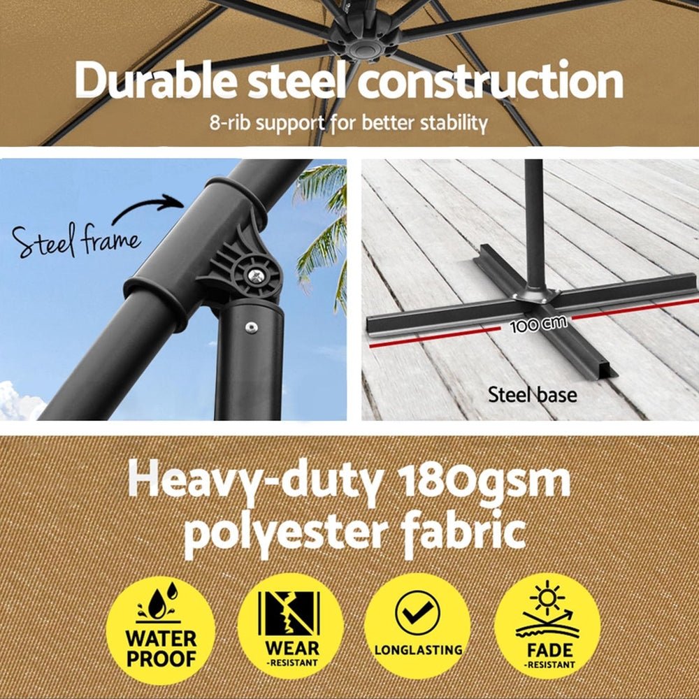 3m Outdoor Umbrella w/Base Cantilever Garden Beach Patio Beige - Home & Garden > Shading - Rivercity House & Home Co. (ABN 18 642 972 209) - Affordable Modern Furniture Australia