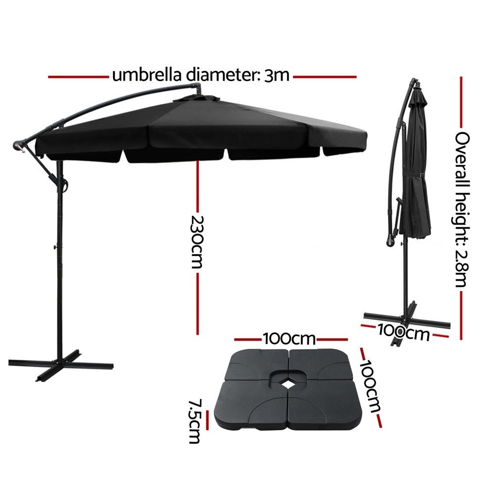 3m Outdoor Umbrella w/Base Cantilever Garden Beach Patio Black - Home & Garden > Shading - Rivercity House & Home Co. (ABN 18 642 972 209) - Affordable Modern Furniture Australia