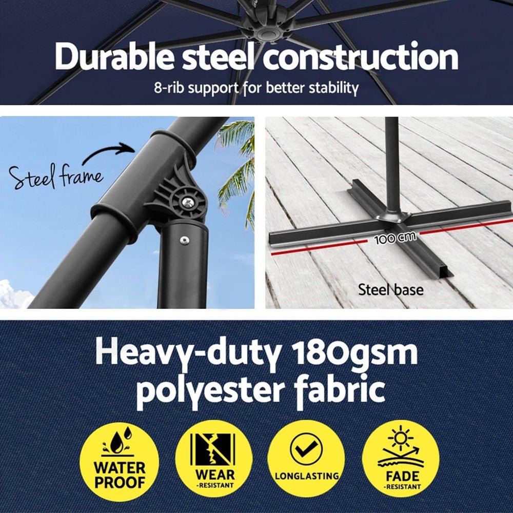 3m Outdoor Umbrella w/Base Cantilever Garden Beach Patio Navy - Home & Garden > Shading - Rivercity House & Home Co. (ABN 18 642 972 209) - Affordable Modern Furniture Australia