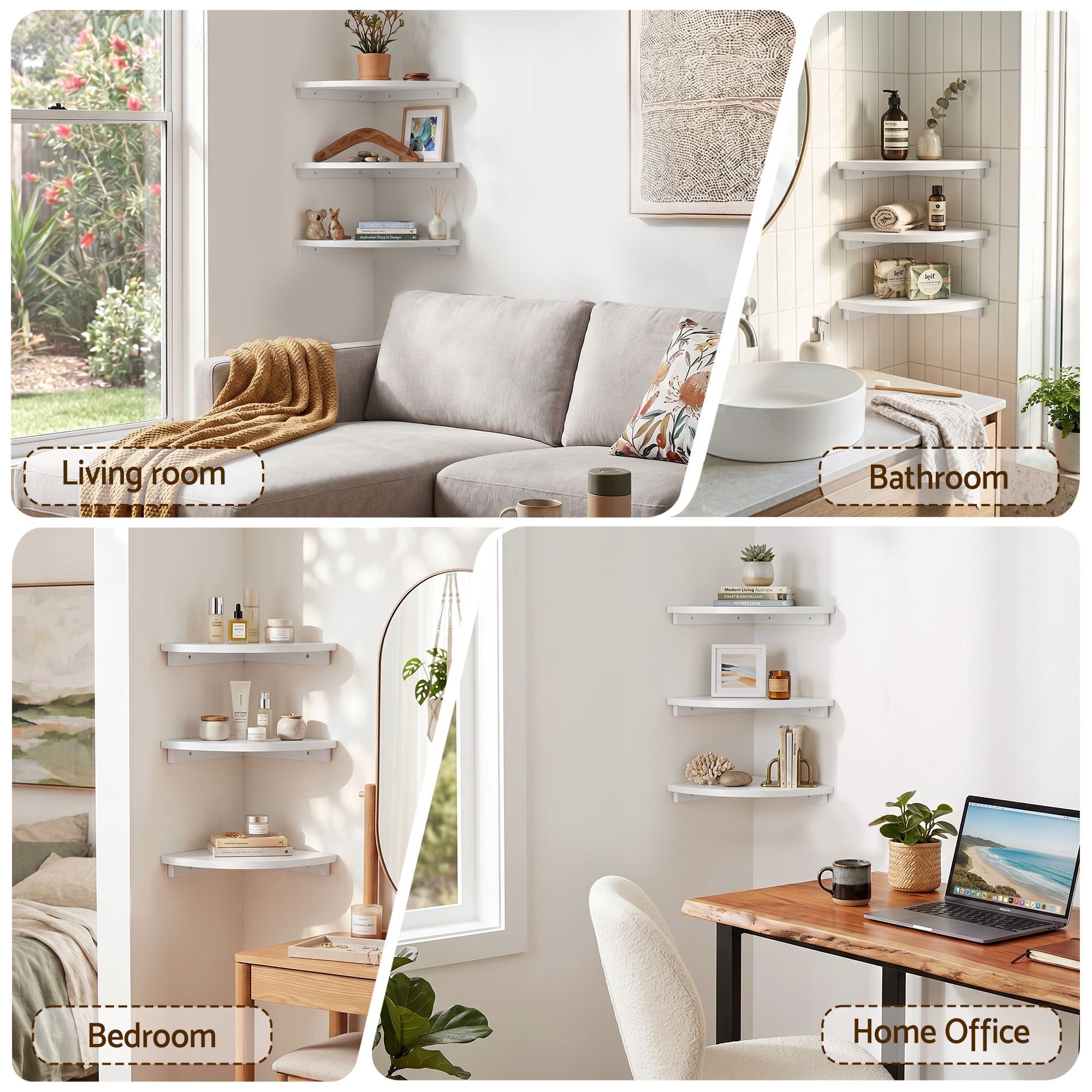 3pc Corner Floating Wall Shelf Wall Mounted Display Rack Round Edge White - Furniture > Living Room > Bookcases & Shelves - Rivercity House & Home Co. (ABN 18 642 972 209) - Affordable Modern Furniture Australia