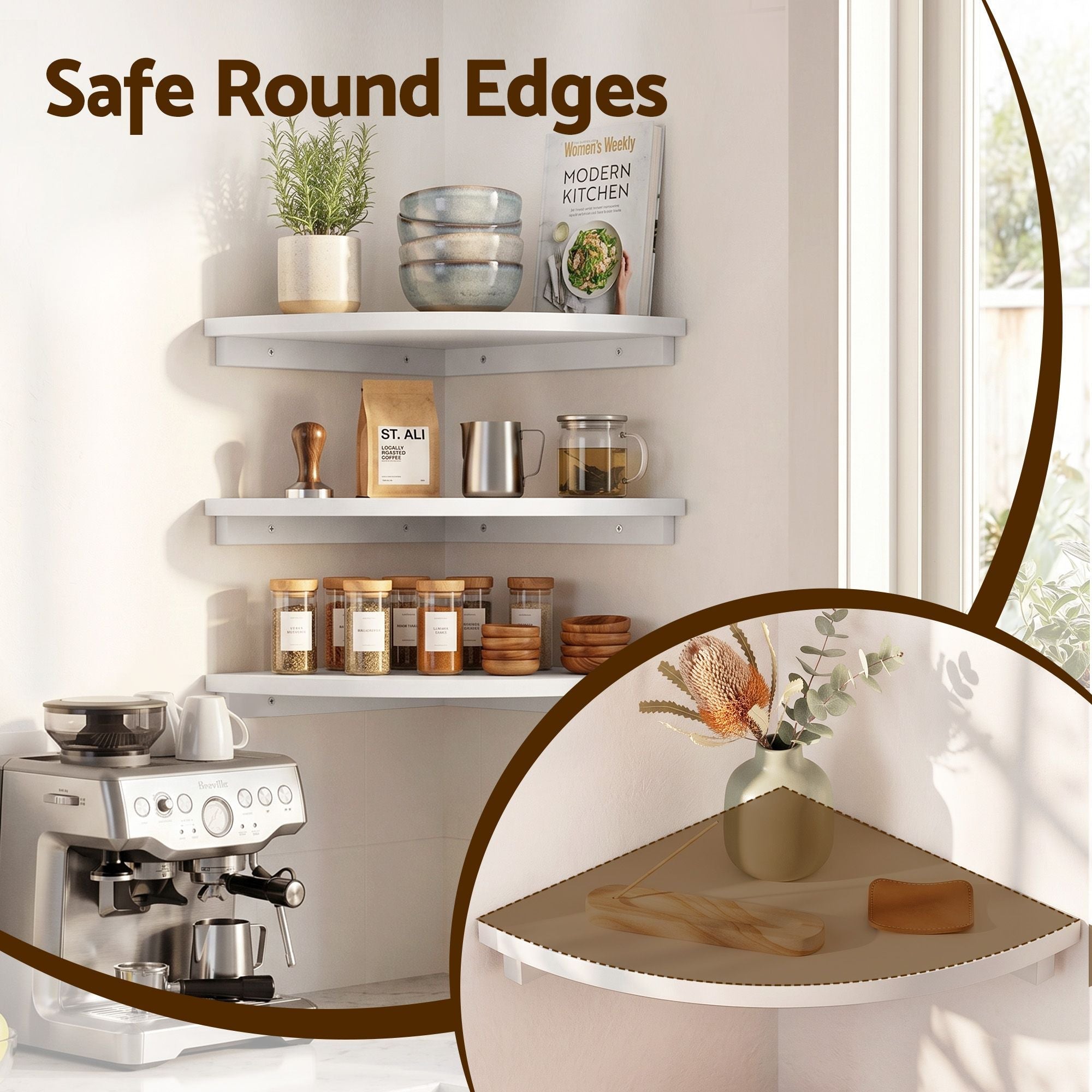 3pc Corner Floating Wall Shelf Wall Mounted Display Rack Round Edge White - Furniture > Living Room > Bookcases & Shelves - Rivercity House & Home Co. (ABN 18 642 972 209) - Affordable Modern Furniture Australia