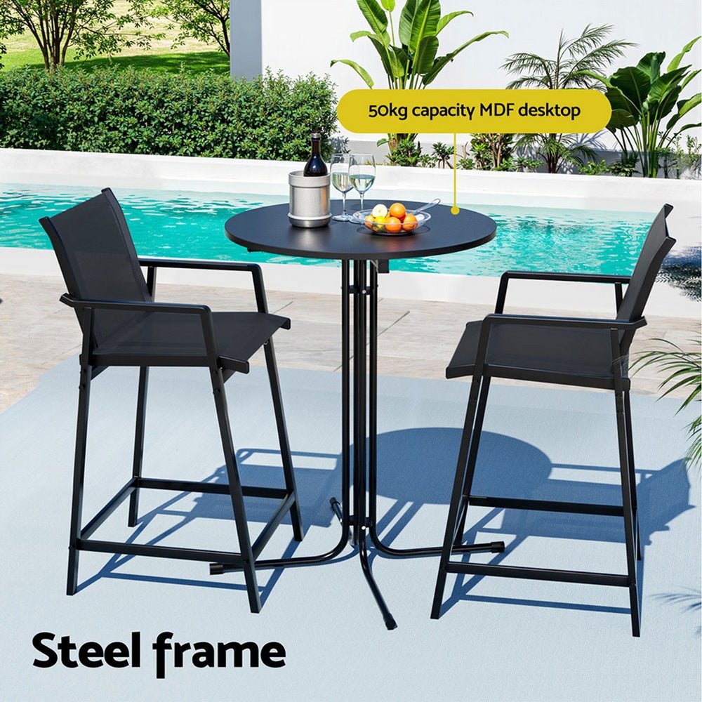 3PC Outdoor Bar Set Stools Dining Chairs Table Patio Furniture Bistro Set Steel Black - Furniture > Outdoor > Outdoor Dining Sets - Rivercity House & Home Co. (ABN 18 642 972 209) - Affordable Modern Furniture Australia