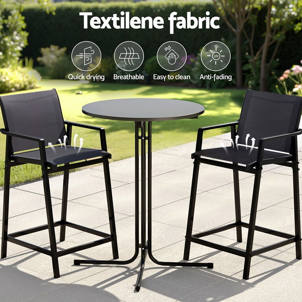 3PC Outdoor Bar Set Stools Dining Chairs Table Patio Furniture Bistro Set Steel Black - Furniture > Outdoor > Outdoor Dining Sets - Rivercity House & Home Co. (ABN 18 642 972 209) - Affordable Modern Furniture Australia