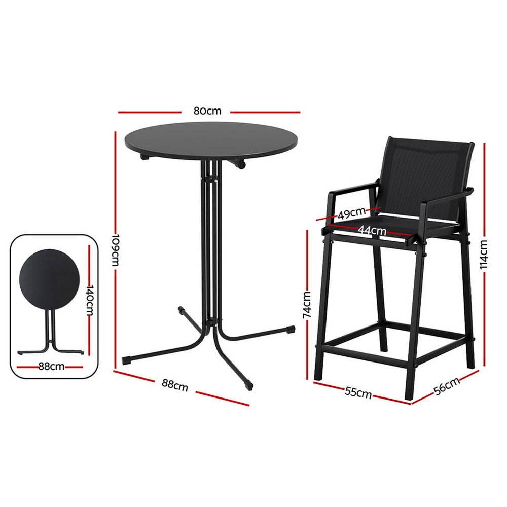 3PC Outdoor Bar Set Stools Dining Chairs Table Patio Furniture Bistro Set Steel Black - Furniture > Outdoor > Outdoor Dining Sets - Rivercity House & Home Co. (ABN 18 642 972 209) - Affordable Modern Furniture Australia