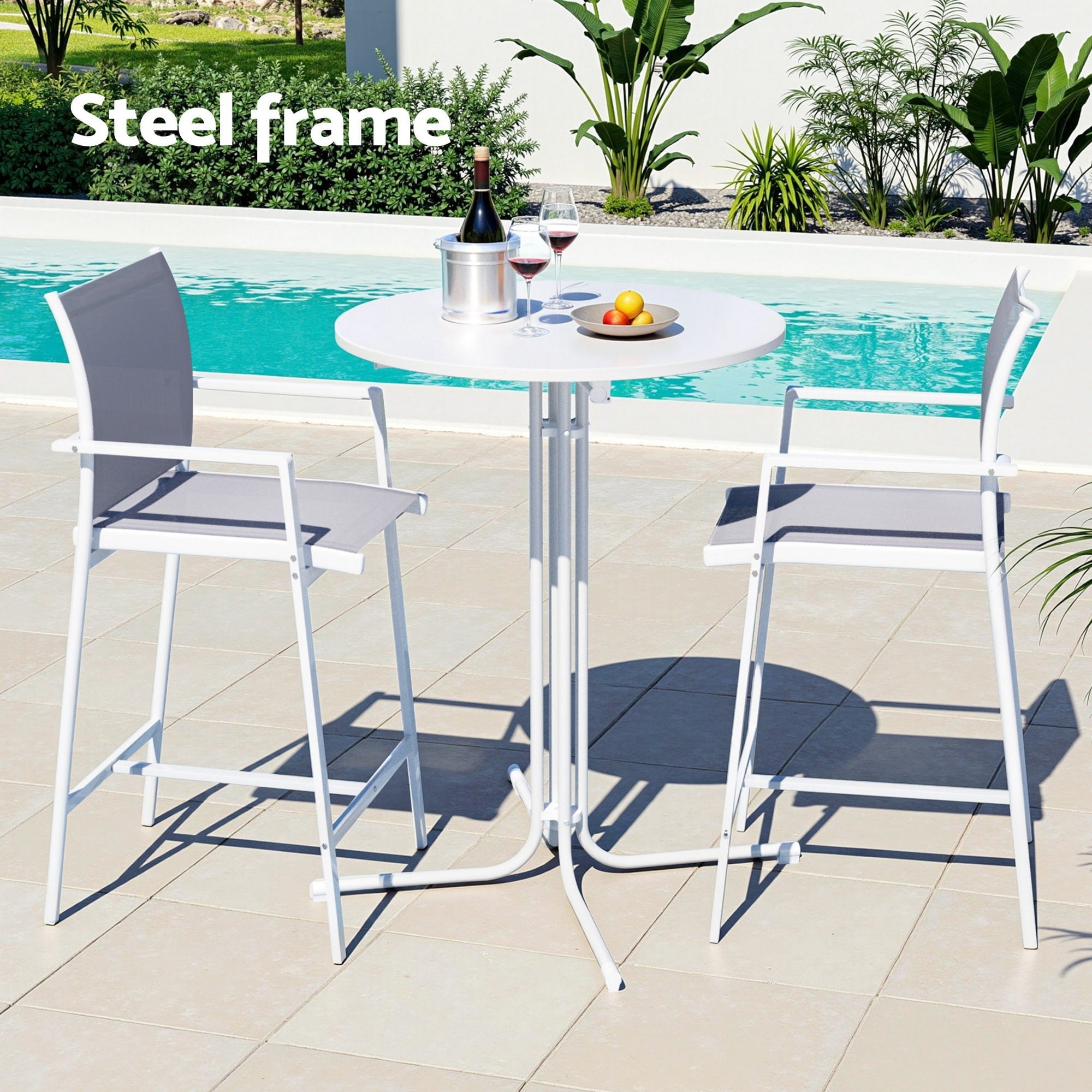 3PC Outdoor Bar Set Stools Dining Chairs Table Patio Furniture Bistro Set Steel White - Furniture > Bar Stools & Chairs > Table & Bar Stools - Rivercity House & Home Co. (ABN 18 642 972 209) - Affordable Modern Furniture Australia