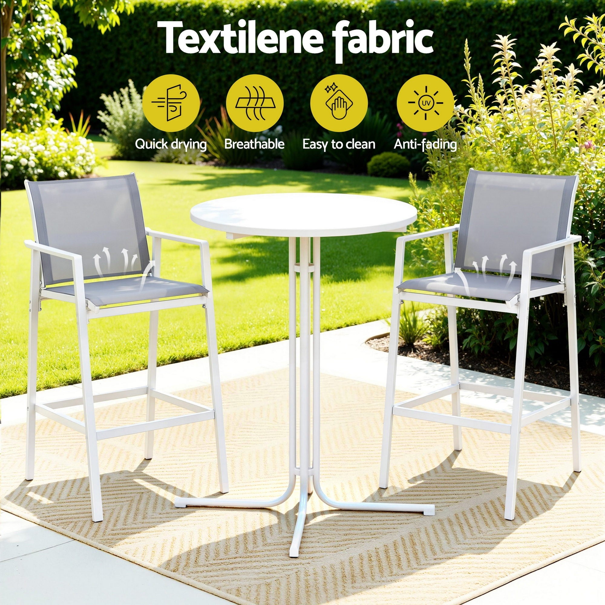 3PC Outdoor Bar Set Stools Dining Chairs Table Patio Furniture Bistro Set Steel White - Furniture > Bar Stools & Chairs > Table & Bar Stools - Rivercity House & Home Co. (ABN 18 642 972 209) - Affordable Modern Furniture Australia