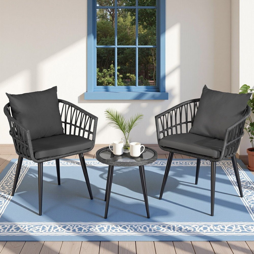 3PC Outdoor Bistro Set Patio Furniture Lounge Setting Table and Chairs Grey - Furniture > Outdoor > Outdoor Sofas & Lounge Sets - Rivercity House & Home Co. (ABN 18 642 972 209) - Affordable Modern Furniture Australia