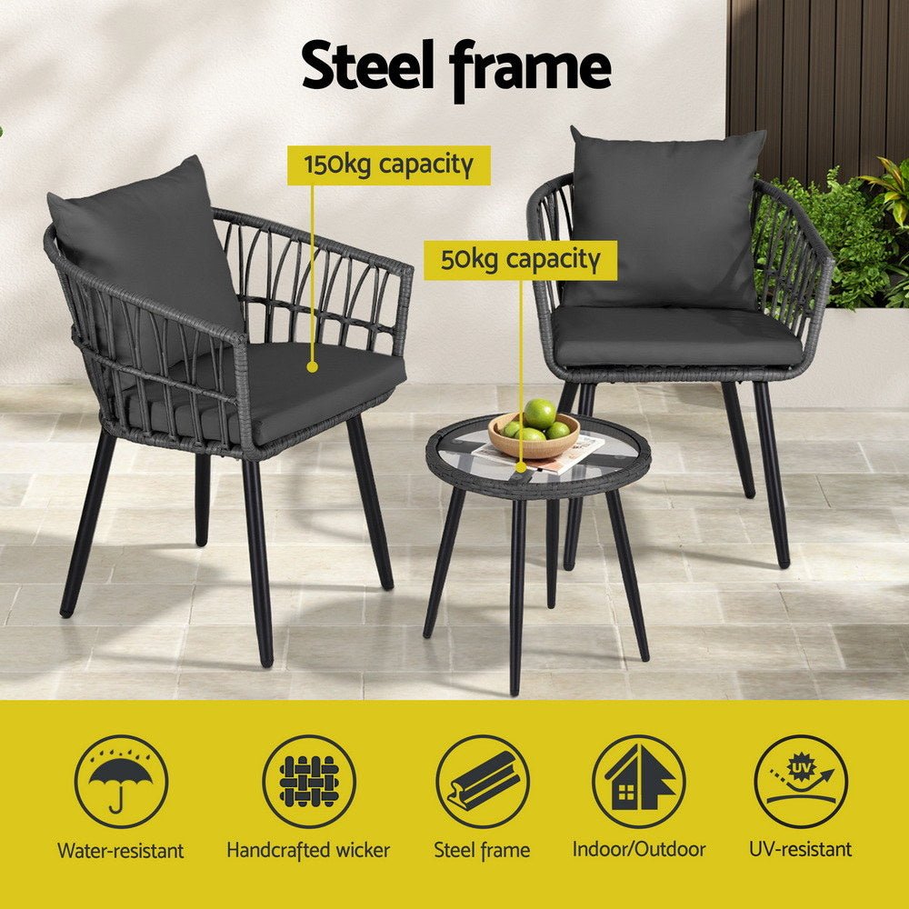 3PC Outdoor Bistro Set Patio Furniture Lounge Setting Table and Chairs Grey - Furniture > Outdoor > Outdoor Sofas & Lounge Sets - Rivercity House & Home Co. (ABN 18 642 972 209) - Affordable Modern Furniture Australia