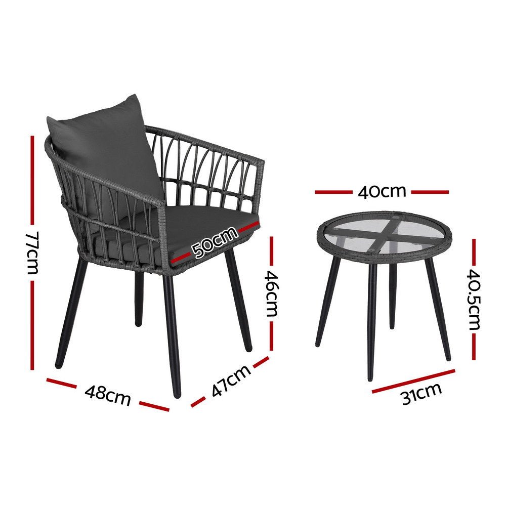 3PC Outdoor Bistro Set Patio Furniture Lounge Setting Table and Chairs Grey - Furniture > Outdoor > Outdoor Sofas & Lounge Sets - Rivercity House & Home Co. (ABN 18 642 972 209) - Affordable Modern Furniture Australia