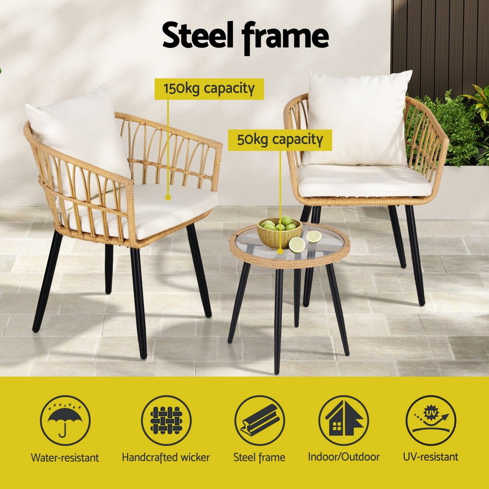 3PC Outdoor Bistro Set Patio Furniture Lounge Setting Table and Chairs Natural - Furniture > Outdoor > Outdoor Sofas & Lounge Sets - Rivercity House & Home Co. (ABN 18 642 972 209) - Affordable Modern Furniture Australia
