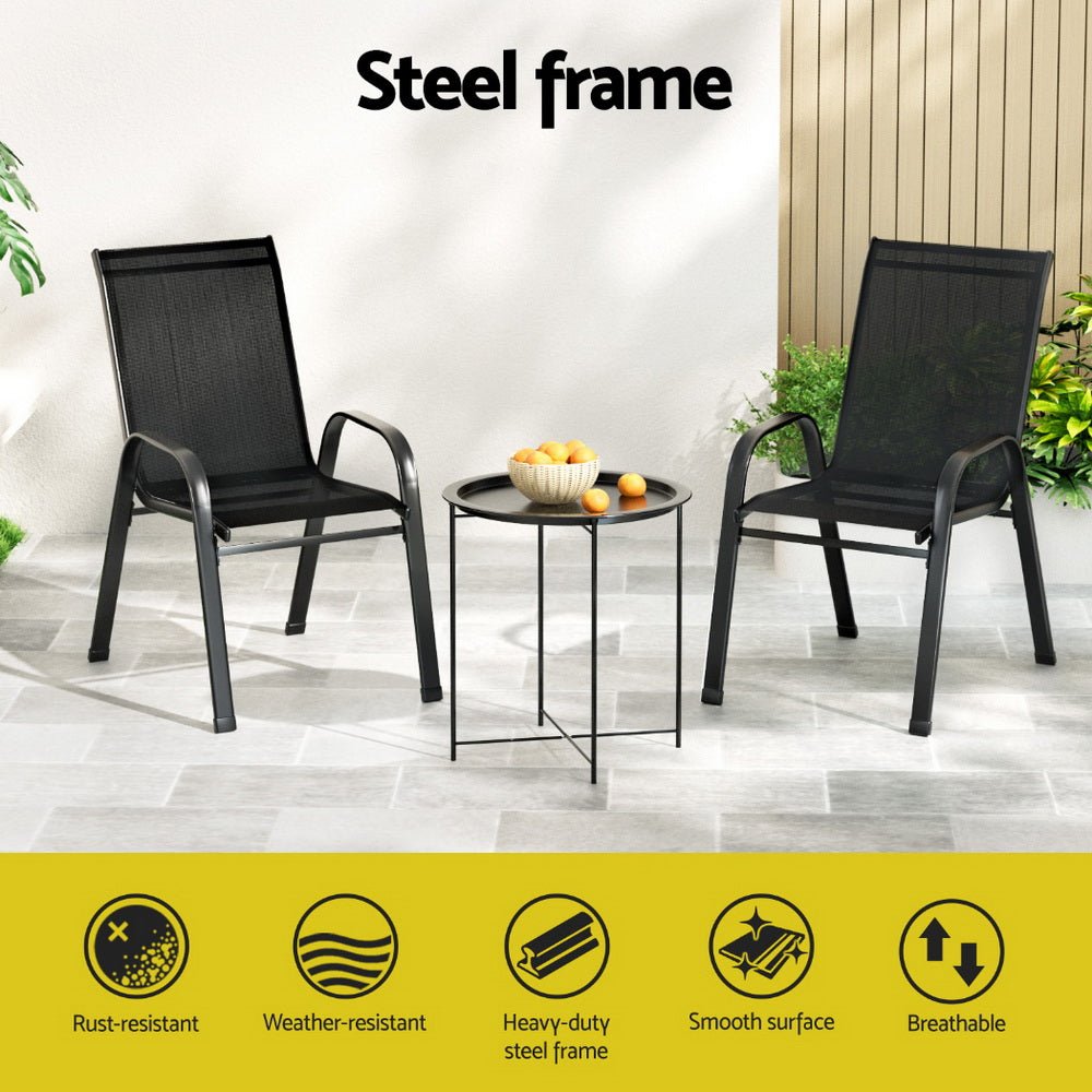 3PC Outdoor Bistro Set Patio Furniture Table and Chairs Stackable Black - Furniture > Outdoor > Outdoor Sofas & Lounge Sets - Rivercity House & Home Co. (ABN 18 642 972 209) - Affordable Modern Furniture Australia