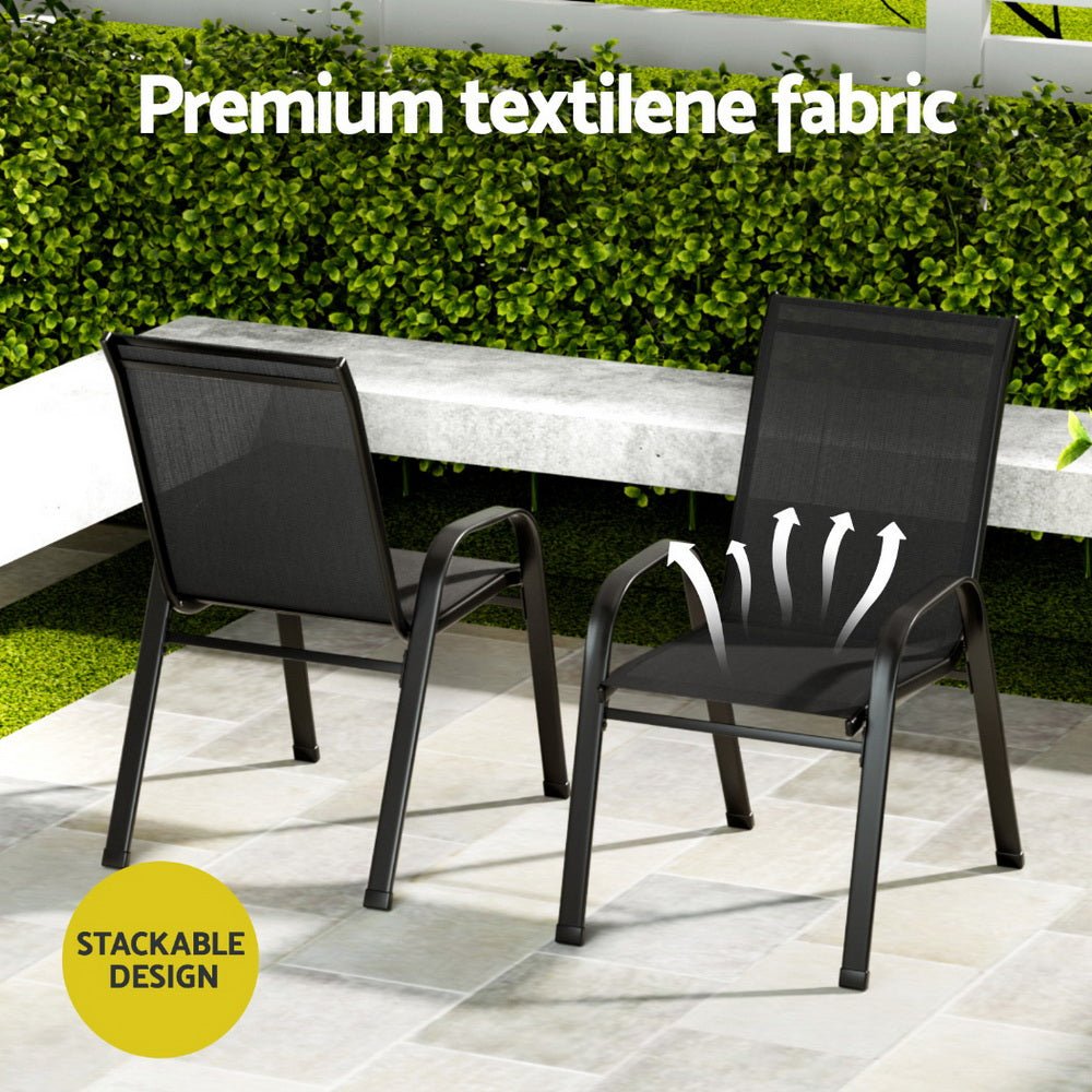 3PC Outdoor Bistro Set Patio Furniture Table and Chairs Stackable Black - Furniture > Outdoor > Outdoor Sofas & Lounge Sets - Rivercity House & Home Co. (ABN 18 642 972 209) - Affordable Modern Furniture Australia