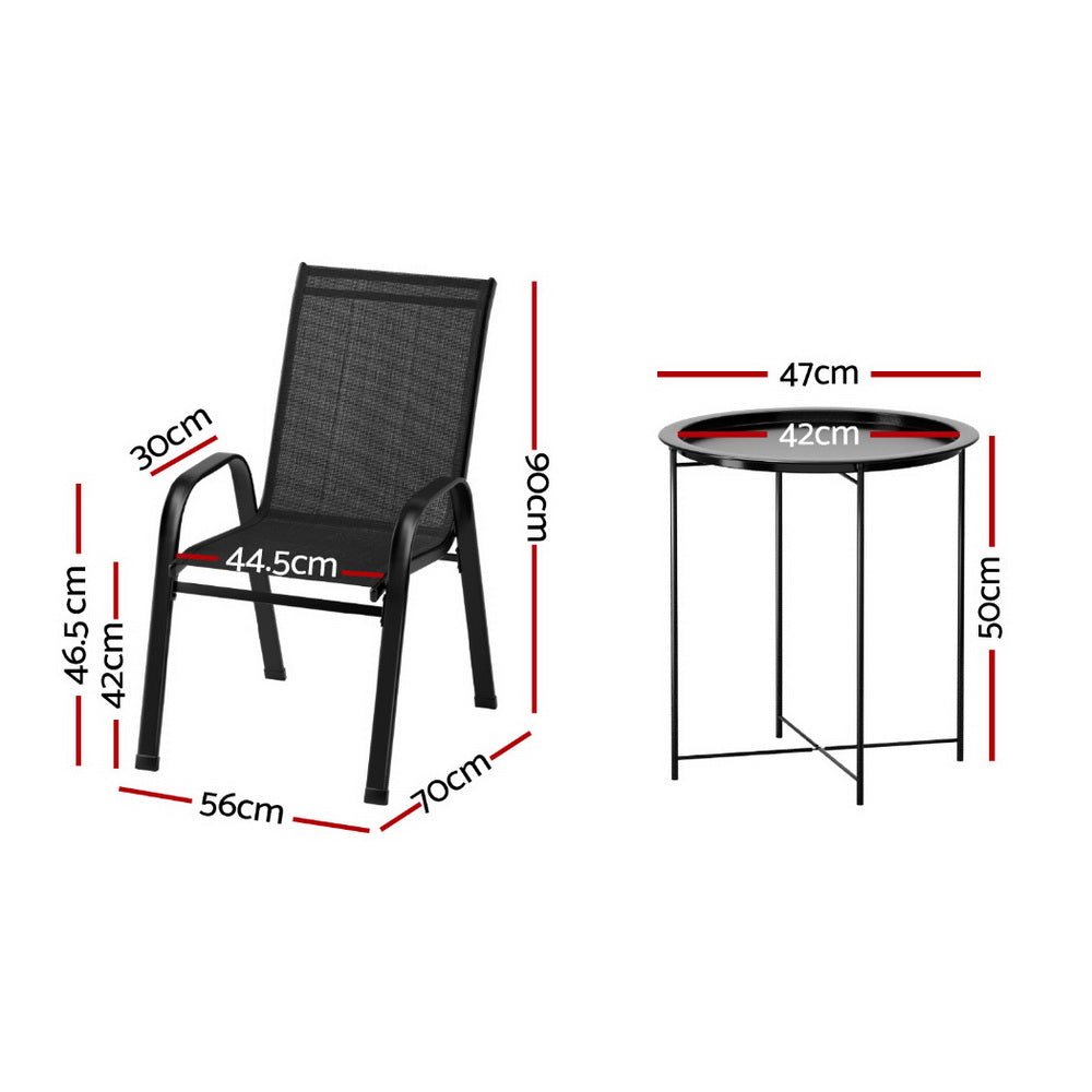 3PC Outdoor Bistro Set Patio Furniture Table and Chairs Stackable Black - Furniture > Outdoor > Outdoor Sofas & Lounge Sets - Rivercity House & Home Co. (ABN 18 642 972 209) - Affordable Modern Furniture Australia
