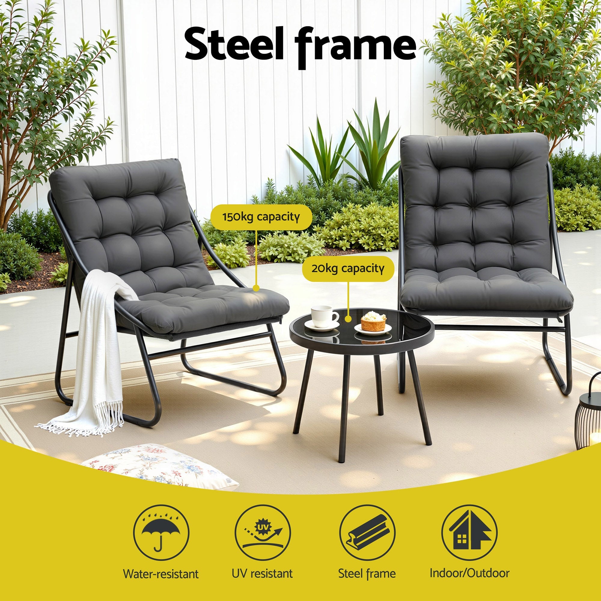 3PC Outdoor Bistro Set Patio Furniture Table and Chairs Steel Dining Chair - Furniture > Outdoor > Outdoor Dining Sets - Rivercity House & Home Co. (ABN 18 642 972 209) - Affordable Modern Furniture Australia
