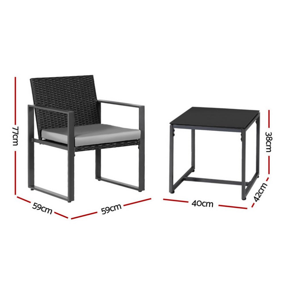 3PC Outdoor Bistro Set Patio Furniture Wicker Dining Chairs Table Cushion Black - Furniture > Outdoor > Outdoor Dining Sets - Rivercity House & Home Co. (ABN 18 642 972 209) - Affordable Modern Furniture Australia