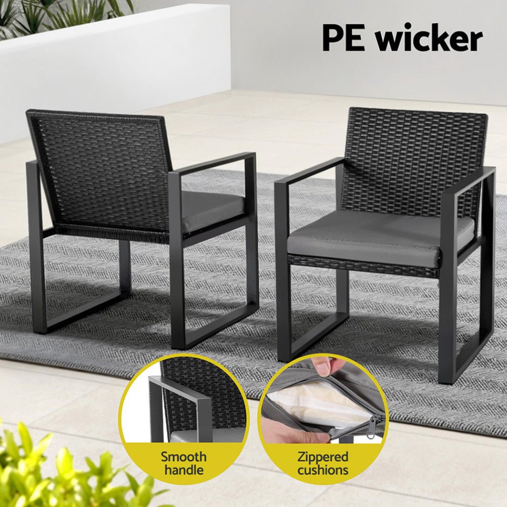 3PC Outdoor Bistro Set Patio Furniture Wicker Dining Chairs Table Cushion Black - Furniture > Outdoor > Outdoor Dining Sets - Rivercity House & Home Co. (ABN 18 642 972 209) - Affordable Modern Furniture Australia
