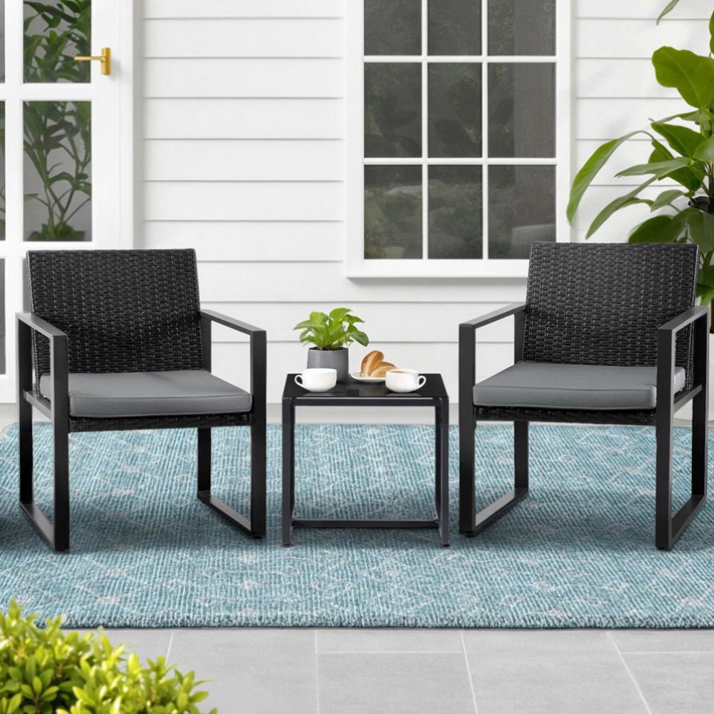 3PC Outdoor Bistro Set Patio Furniture Wicker Dining Chairs Table Cushion Black - Furniture > Outdoor > Outdoor Dining Sets - Rivercity House & Home Co. (ABN 18 642 972 209) - Affordable Modern Furniture Australia