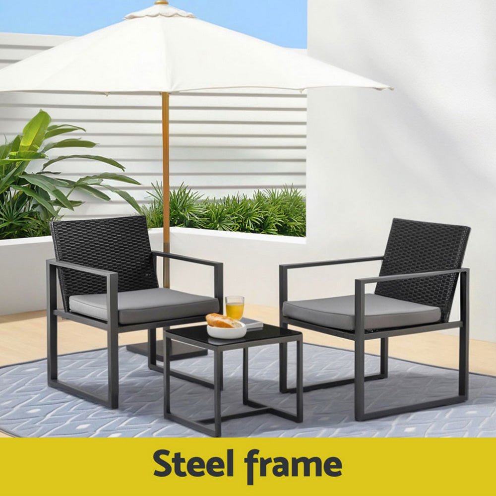 3PC Outdoor Bistro Set Patio Furniture Wicker Dining Chairs Table Cushion Black - Furniture > Outdoor > Outdoor Dining Sets - Rivercity House & Home Co. (ABN 18 642 972 209) - Affordable Modern Furniture Australia
