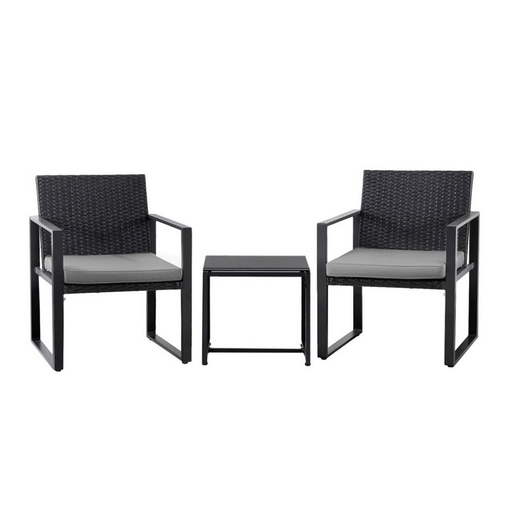 3PC Outdoor Bistro Set Patio Furniture Wicker Dining Chairs Table Cushion Black - Furniture > Outdoor > Outdoor Dining Sets - Rivercity House & Home Co. (ABN 18 642 972 209) - Affordable Modern Furniture Australia
