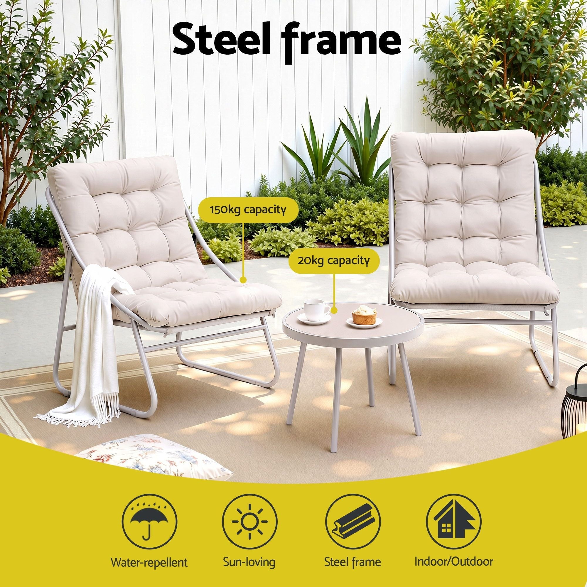 3PC Outdoor Bistro Set Steel Table and Chairs with Polyester Cushions - Khaki - Furniture > Outdoor > Outdoor Dining Sets - Rivercity House & Home Co. (ABN 18 642 972 209) - Affordable Modern Furniture Australia