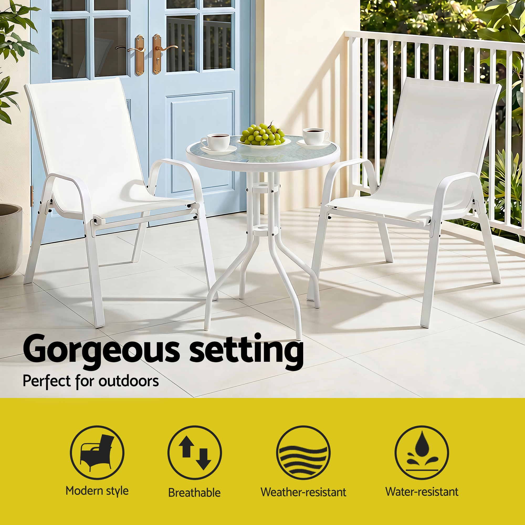 3PC Outdoor Bistro Set Table and Chairs Stackable Patio Furniture White - Furniture > Outdoor > Outdoor Dining Sets - Rivercity House & Home Co. (ABN 18 642 972 209) - Affordable Modern Furniture Australia