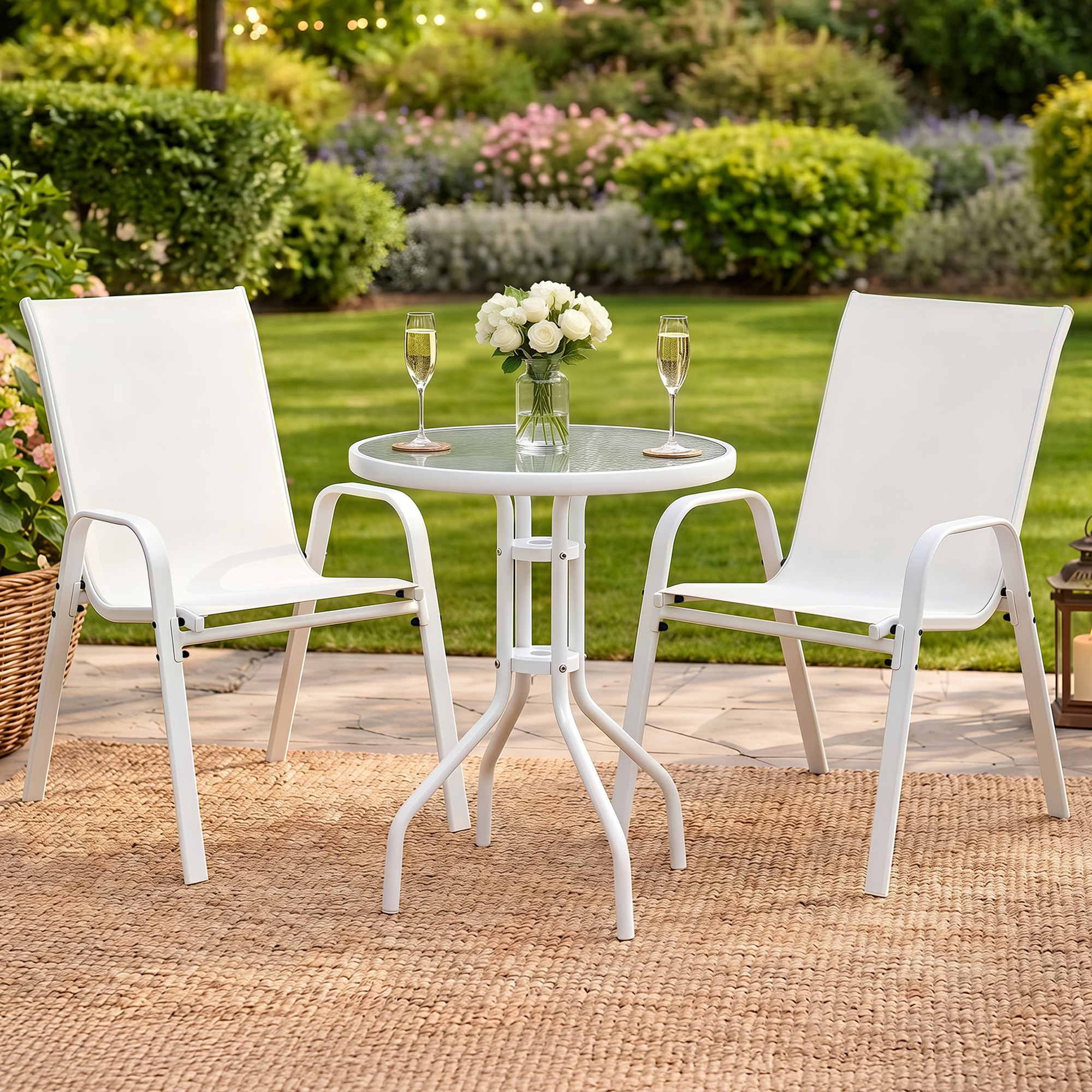 3PC Outdoor Bistro Set Table and Chairs Stackable Patio Furniture White - Furniture > Outdoor > Outdoor Dining Sets - Rivercity House & Home Co. (ABN 18 642 972 209) - Affordable Modern Furniture Australia