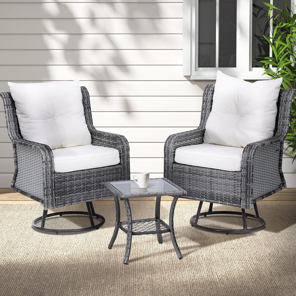 3PC Outdoor Furniture Bistro Set Lounge Wicker Swivel Chairs Table Cushion Grey - Furniture > Outdoor - Rivercity House & Home Co. (ABN 18 642 972 209) - Affordable Modern Furniture Australia