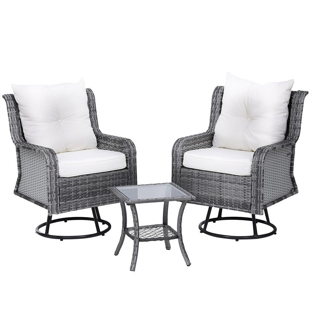 3PC Outdoor Furniture Bistro Set Lounge Wicker Swivel Chairs Table Cushion Grey - Furniture > Outdoor - Rivercity House & Home Co. (ABN 18 642 972 209) - Affordable Modern Furniture Australia