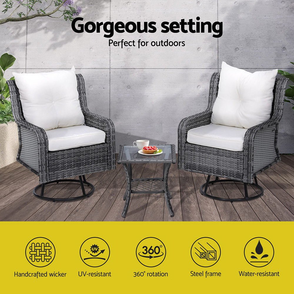 3PC Outdoor Furniture Bistro Set Lounge Wicker Swivel Chairs Table Cushion Grey - Furniture > Outdoor - Rivercity House & Home Co. (ABN 18 642 972 209) - Affordable Modern Furniture Australia