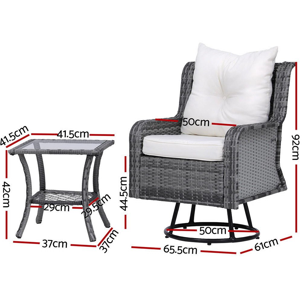 3PC Outdoor Furniture Bistro Set Lounge Wicker Swivel Chairs Table Cushion Grey - Furniture > Outdoor - Rivercity House & Home Co. (ABN 18 642 972 209) - Affordable Modern Furniture Australia