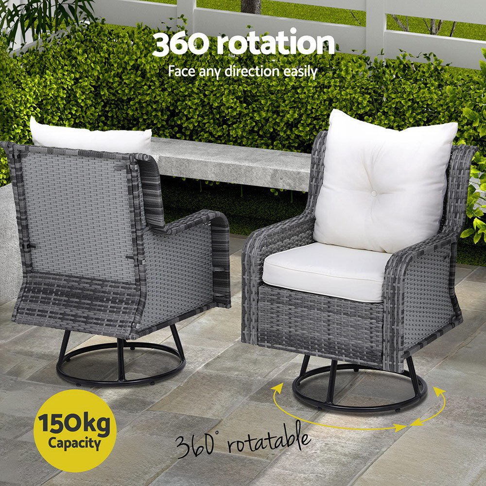 3PC Outdoor Furniture Bistro Set Lounge Wicker Swivel Chairs Table Cushion Grey - Furniture > Outdoor - Rivercity House & Home Co. (ABN 18 642 972 209) - Affordable Modern Furniture Australia