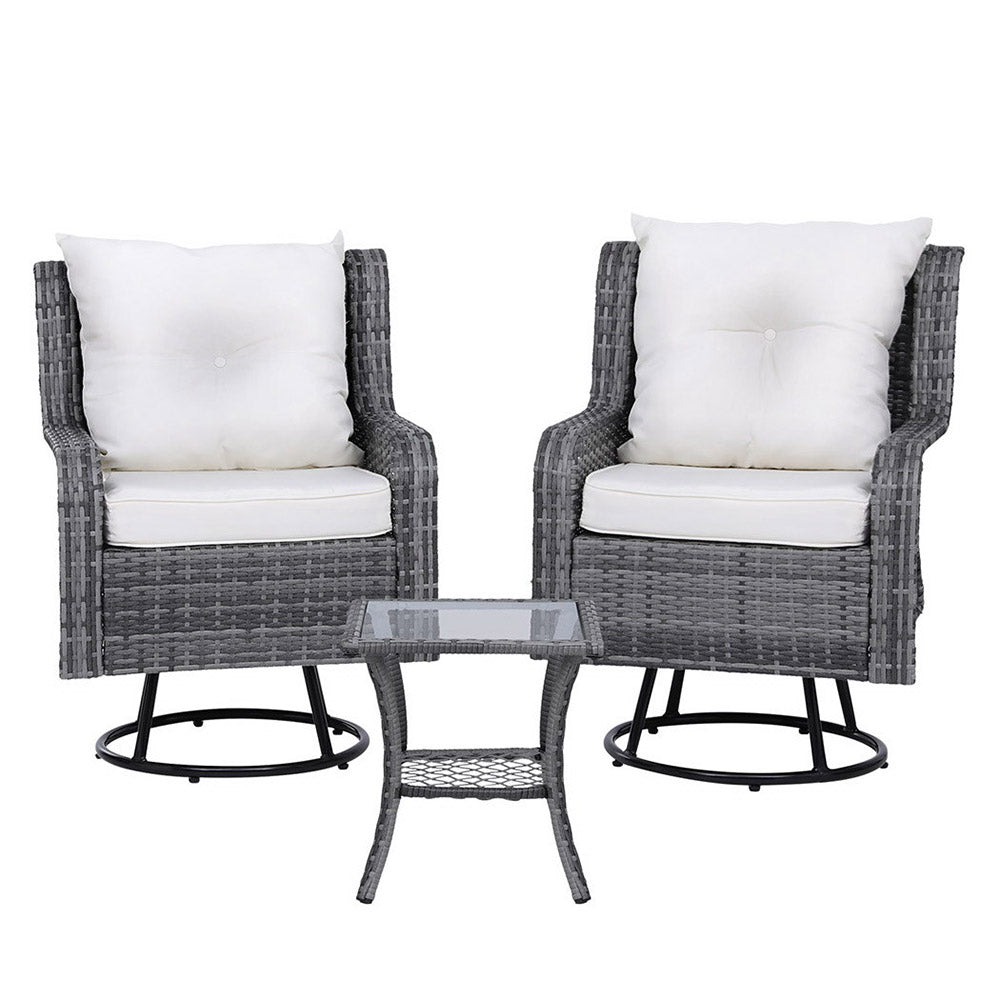 3PC Outdoor Furniture Bistro Set Lounge Wicker Swivel Chairs Table Cushion Grey - Furniture > Outdoor - Rivercity House & Home Co. (ABN 18 642 972 209) - Affordable Modern Furniture Australia
