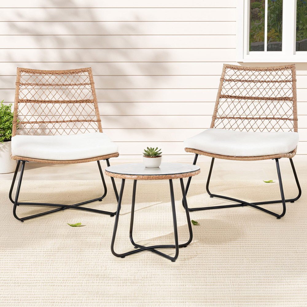 3PC Outdoor Setting Wicker Bistro Set Table Chairs Patio Furniture Brown - Furniture > Outdoor > Outdoor Benches - Rivercity House & Home Co. (ABN 18 642 972 209) - Affordable Modern Furniture Australia