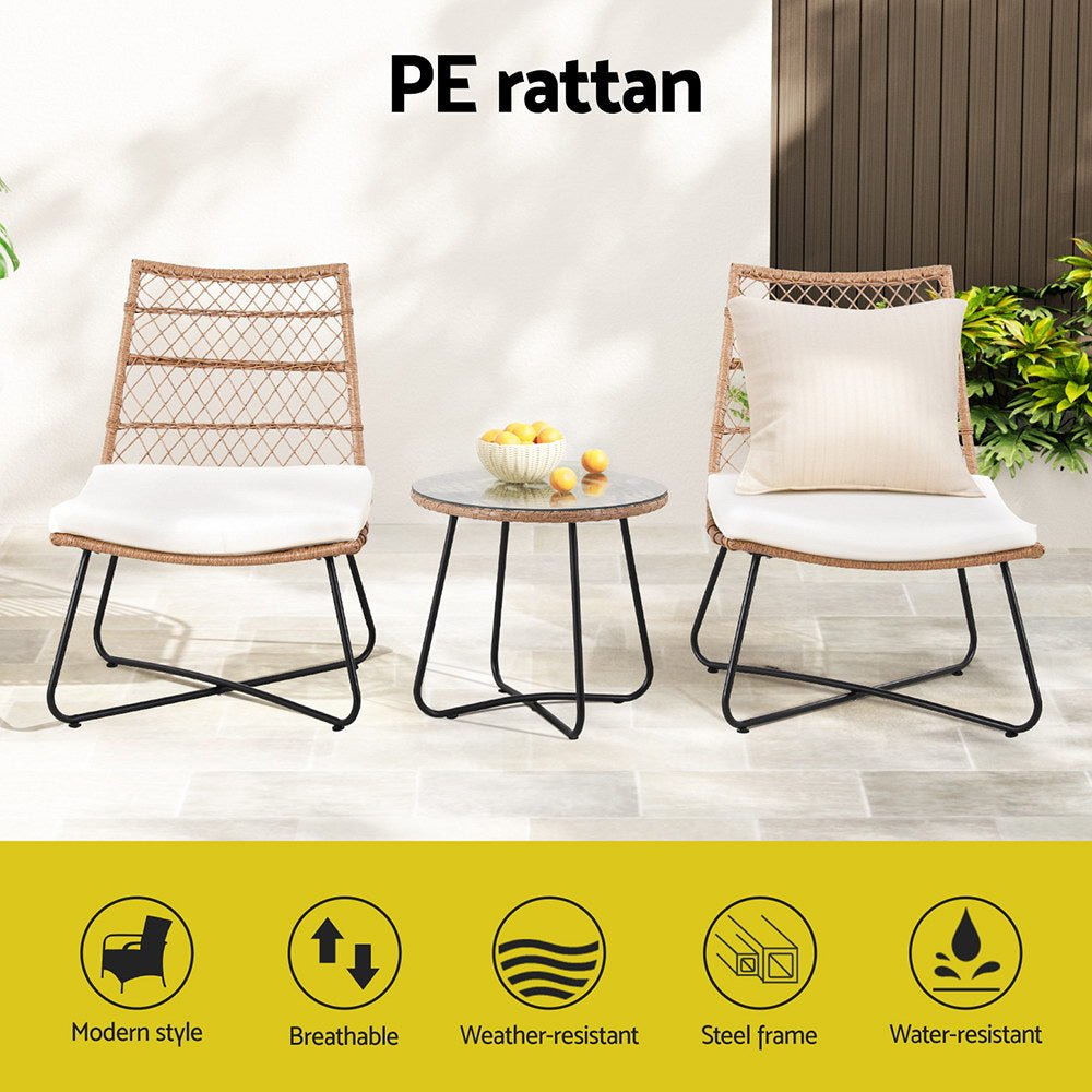 3PC Outdoor Setting Wicker Bistro Set Table Chairs Patio Furniture Brown - Furniture > Outdoor > Outdoor Benches - Rivercity House & Home Co. (ABN 18 642 972 209) - Affordable Modern Furniture Australia
