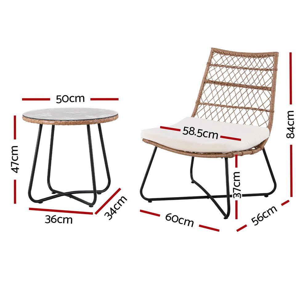3PC Outdoor Setting Wicker Bistro Set Table Chairs Patio Furniture Brown - Furniture > Outdoor > Outdoor Benches - Rivercity House & Home Co. (ABN 18 642 972 209) - Affordable Modern Furniture Australia