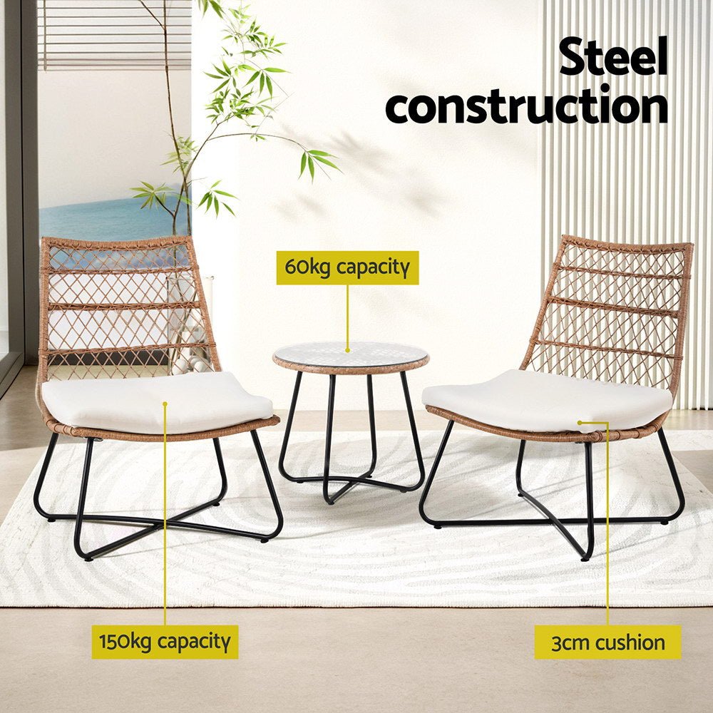 3PC Outdoor Setting Wicker Bistro Set Table Chairs Patio Furniture Brown - Furniture > Outdoor > Outdoor Benches - Rivercity House & Home Co. (ABN 18 642 972 209) - Affordable Modern Furniture Australia