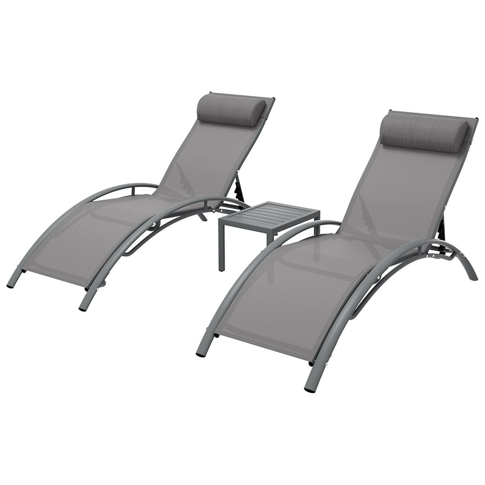 3PC Sun Lounge Outdoor Lounger Steel Table Chairs Patio Furniture Grey - Furniture > Outdoor - Rivercity House & Home Co. (ABN 18 642 972 209) - Affordable Modern Furniture Australia