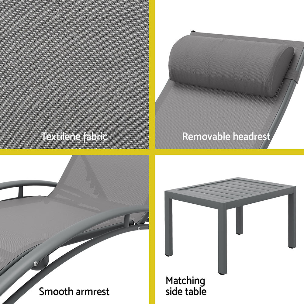 3PC Sun Lounge Outdoor Lounger Steel Table Chairs Patio Furniture Grey - Furniture > Outdoor - Rivercity House & Home Co. (ABN 18 642 972 209) - Affordable Modern Furniture Australia