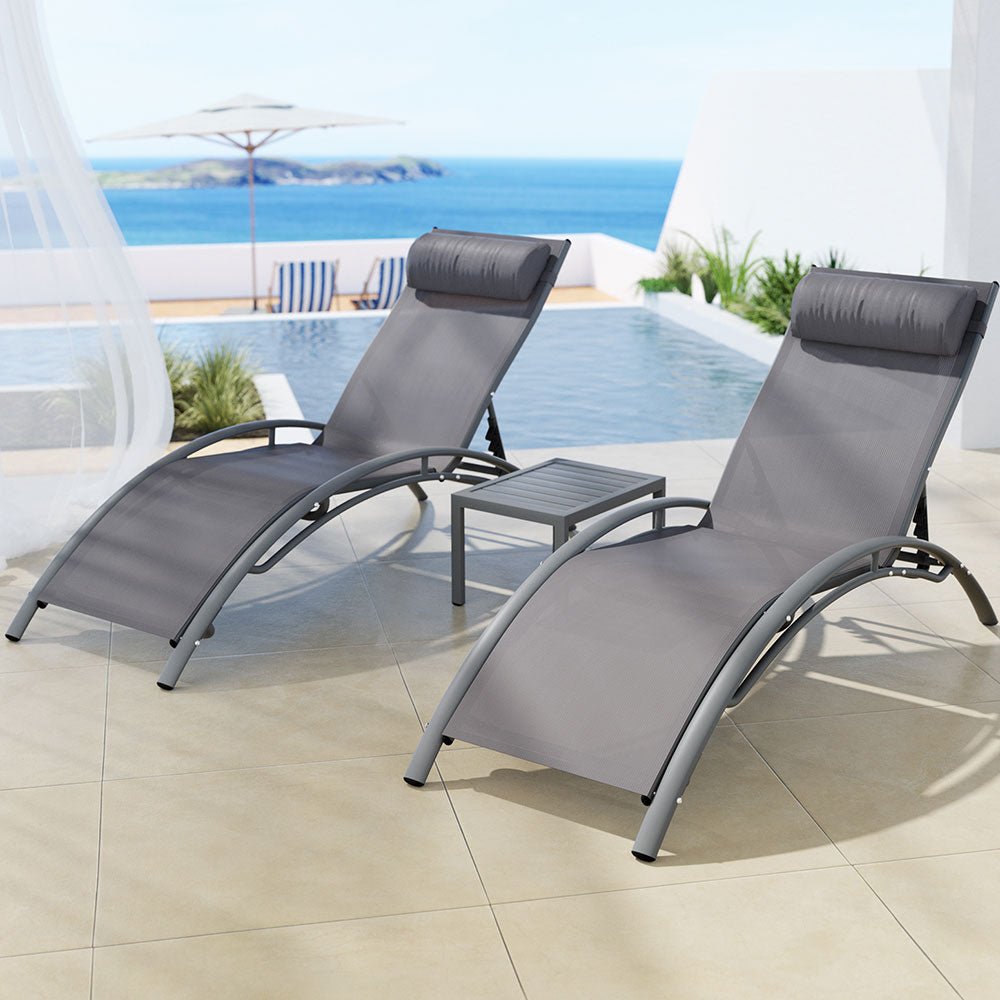 3PC Sun Lounge Outdoor Lounger Steel Table Chairs Patio Furniture Grey - Furniture > Outdoor - Rivercity House & Home Co. (ABN 18 642 972 209) - Affordable Modern Furniture Australia