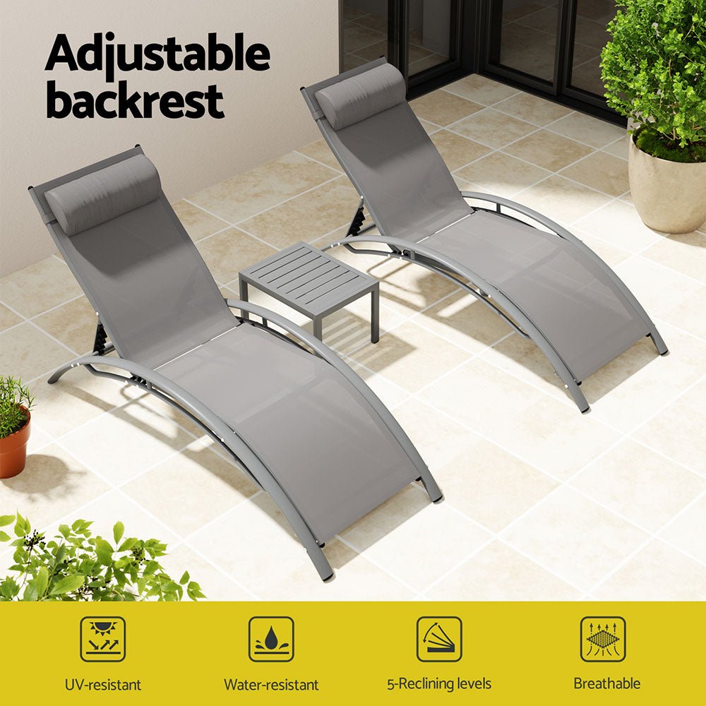 3PC Sun Lounge Outdoor Lounger Steel Table Chairs Patio Furniture Grey - Furniture > Outdoor - Rivercity House & Home Co. (ABN 18 642 972 209) - Affordable Modern Furniture Australia