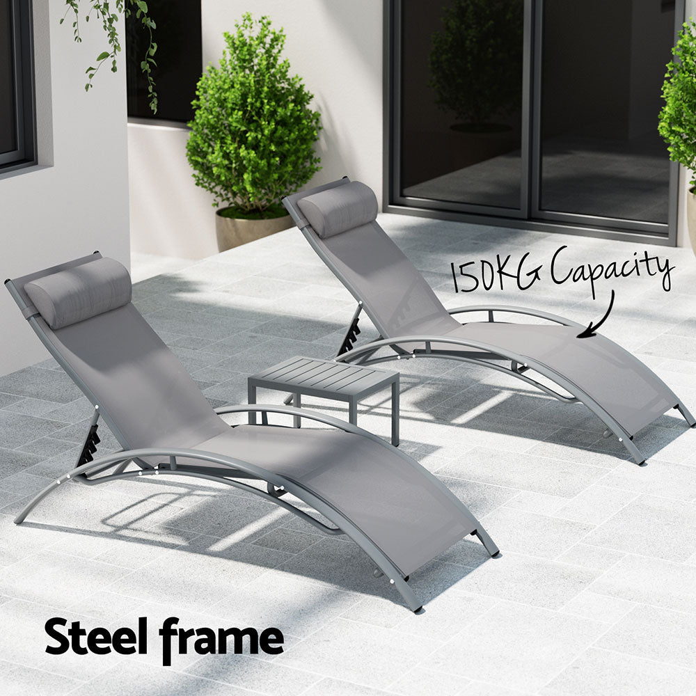 3PC Sun Lounge Outdoor Lounger Steel Table Chairs Patio Furniture Grey - Furniture > Outdoor - Rivercity House & Home Co. (ABN 18 642 972 209) - Affordable Modern Furniture Australia