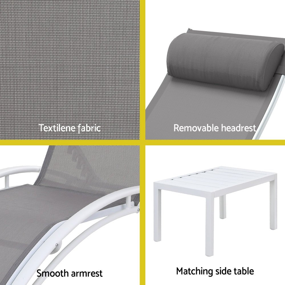 3PC Sun Lounge Outdoor Lounger Table Chairs Steel Patio Furniture Garden - Furniture > Outdoor > Outdoor Sofas & Lounge Sets - Rivercity House & Home Co. (ABN 18 642 972 209) - Affordable Modern Furniture Australia