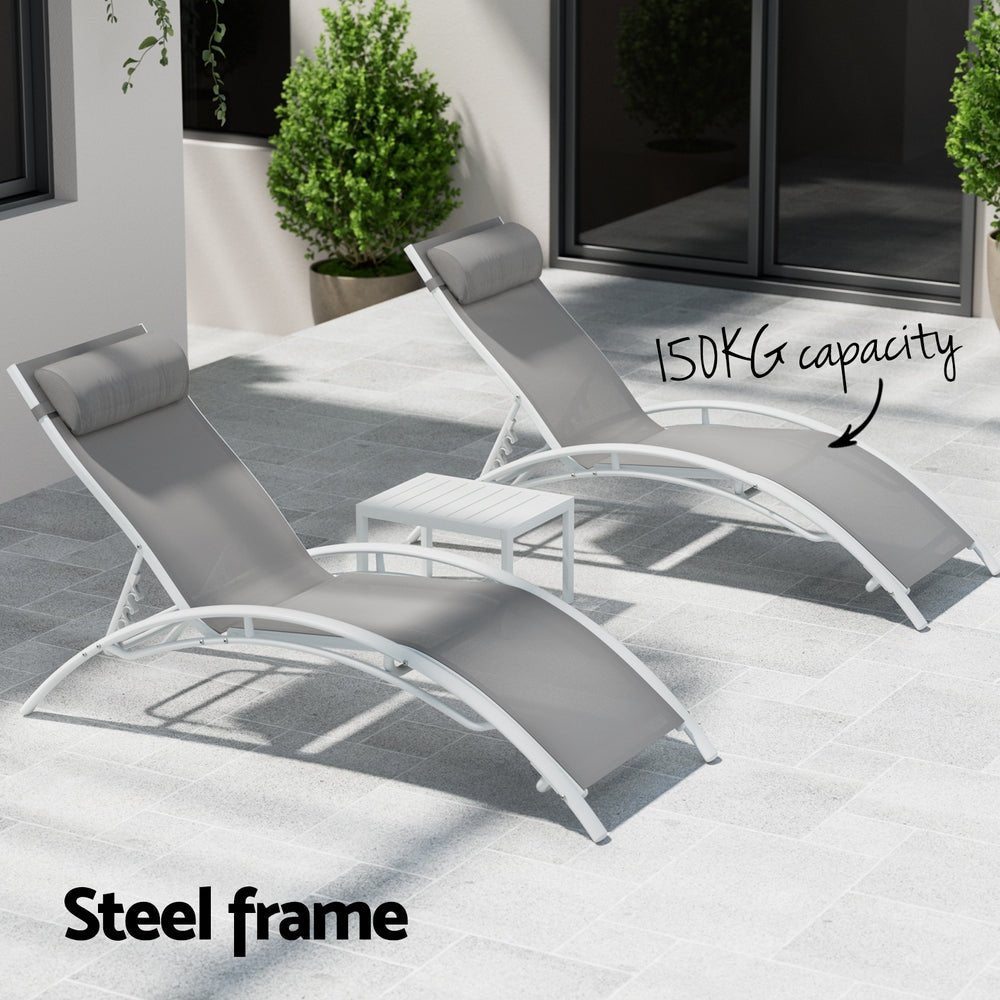 3PC Sun Lounge Outdoor Lounger Table Chairs Steel Patio Furniture Garden - Furniture > Outdoor > Outdoor Sofas & Lounge Sets - Rivercity House & Home Co. (ABN 18 642 972 209) - Affordable Modern Furniture Australia