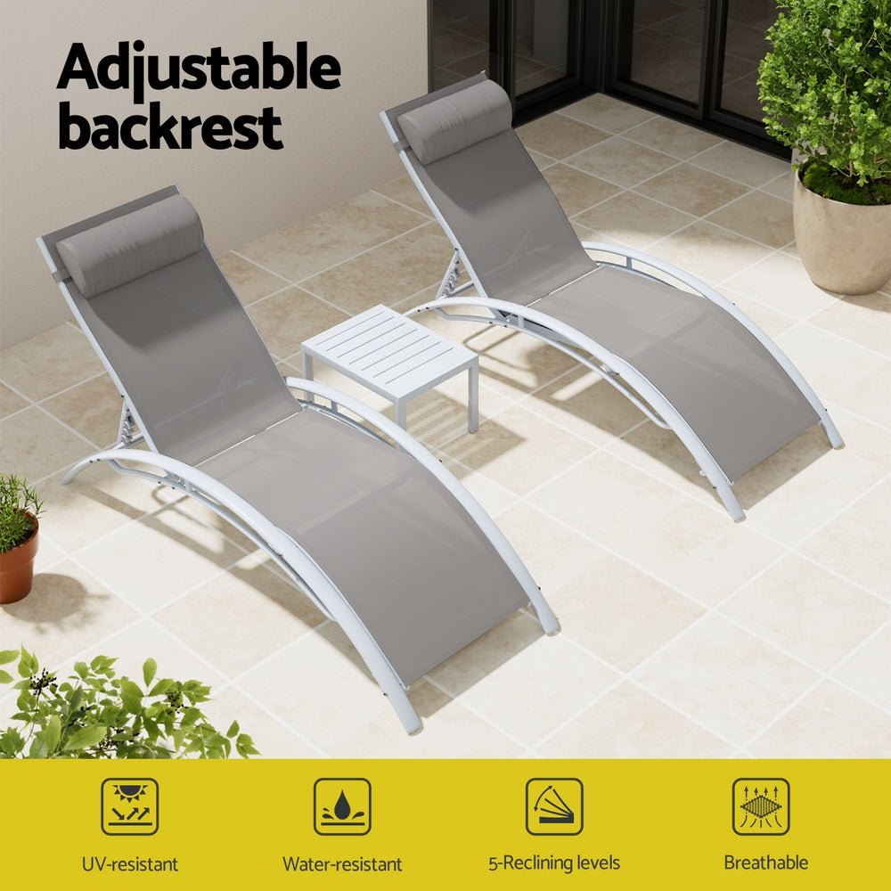 3PC Sun Lounge Outdoor Lounger Table Chairs Steel Patio Furniture Garden - Furniture > Outdoor > Outdoor Sofas & Lounge Sets - Rivercity House & Home Co. (ABN 18 642 972 209) - Affordable Modern Furniture Australia