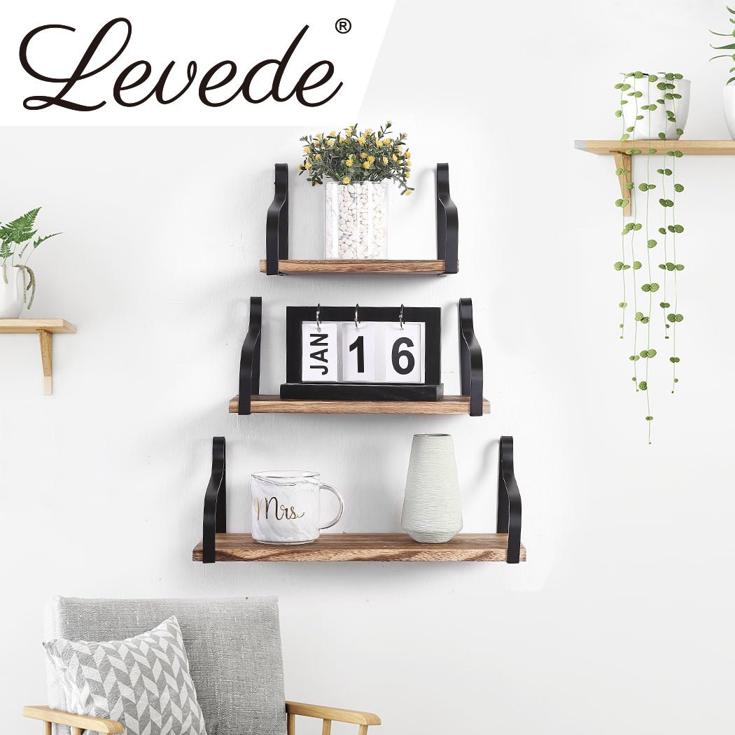 3PCS Floating Shelf Brackets with Metal Backrest - Natural Wood - Rivercity House & Home Co. (ABN 18 642 972 209) - Affordable Modern Furniture Australia