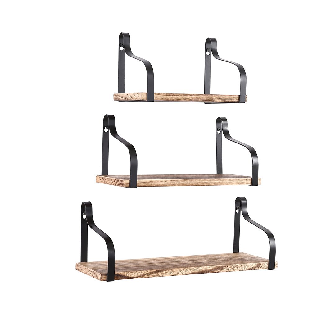 3PCS Floating Shelf Brackets with Metal Backrest - Natural Wood - Rivercity House & Home Co. (ABN 18 642 972 209) - Affordable Modern Furniture Australia