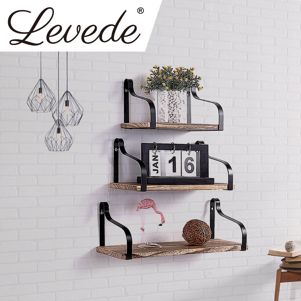 3PCS Floating Shelf Brackets with Metal Backrest - Natural Wood - Rivercity House & Home Co. (ABN 18 642 972 209) - Affordable Modern Furniture Australia