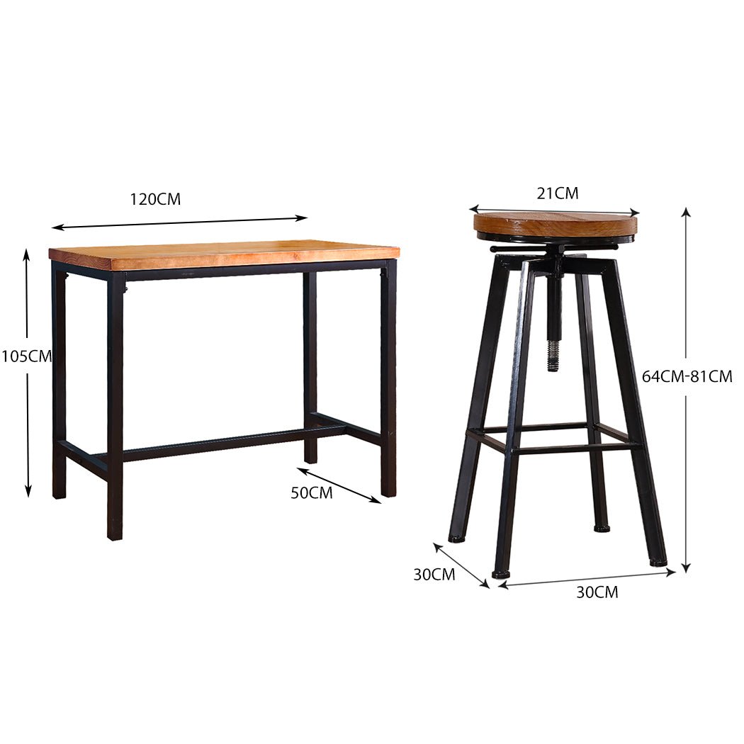 3pcs Industrial Bar Table and Bar Stools Set - Natural Wood - Rivercity House & Home Co. (ABN 18 642 972 209) - Affordable Modern Furniture Australia